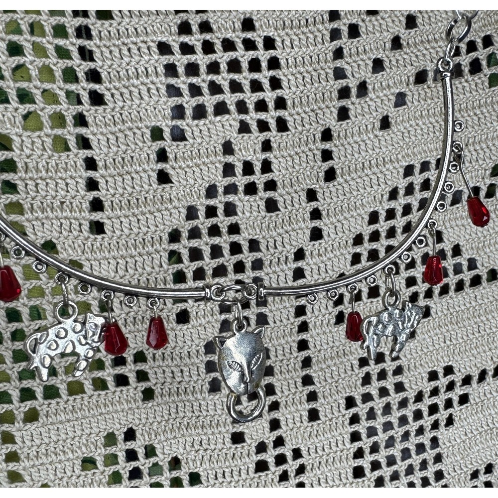 Silver Tone Lion Leopard Cat Necklace Red Teardrop Beads Adjustable Statement